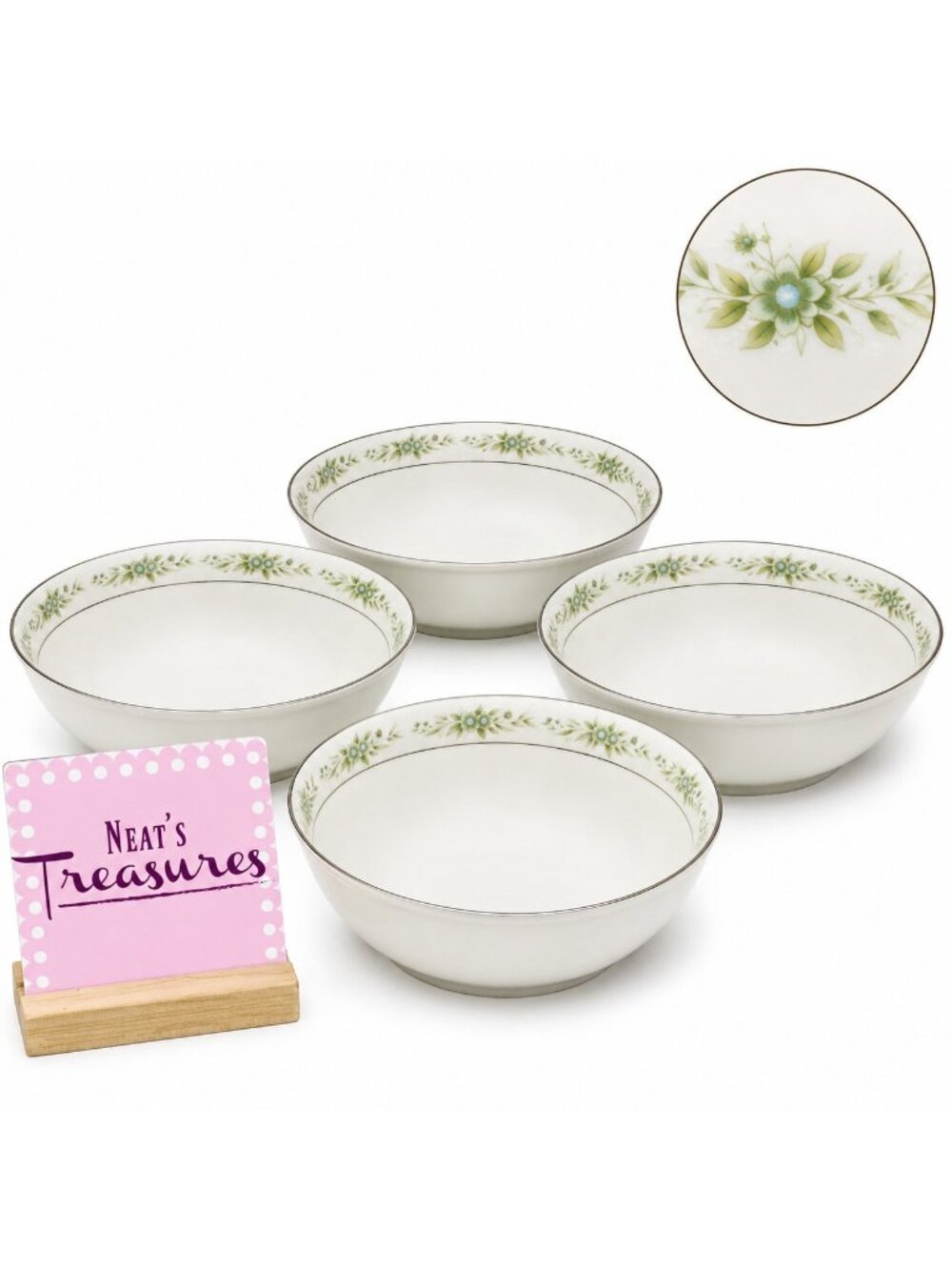 Sango China GARLAND 6271 Green Flower Leave Blue Center Coupe Soup Bowls Set 4